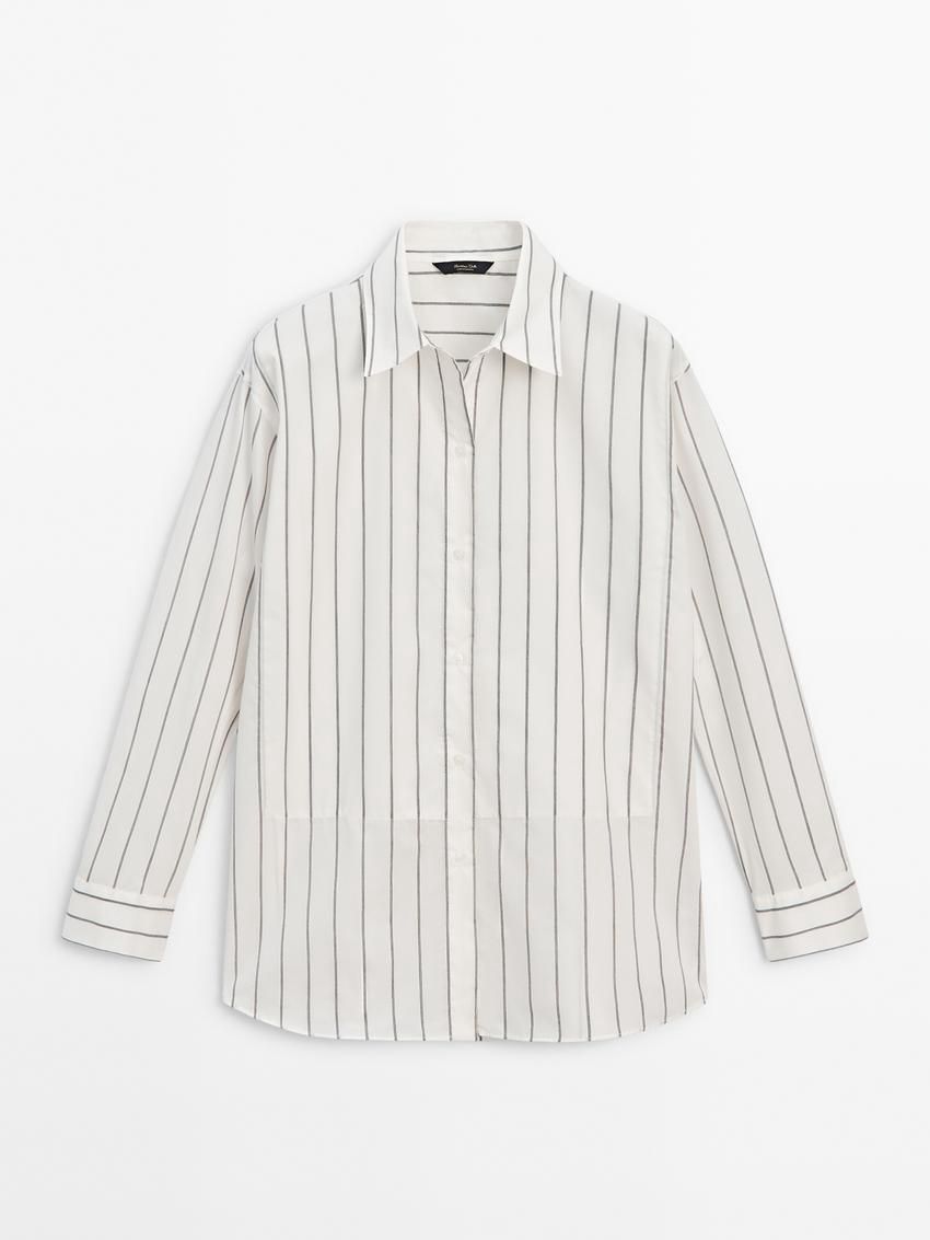 Massimo Dutti Cotton Blend Striped Oversize Women Blouse White | US-KS2906315