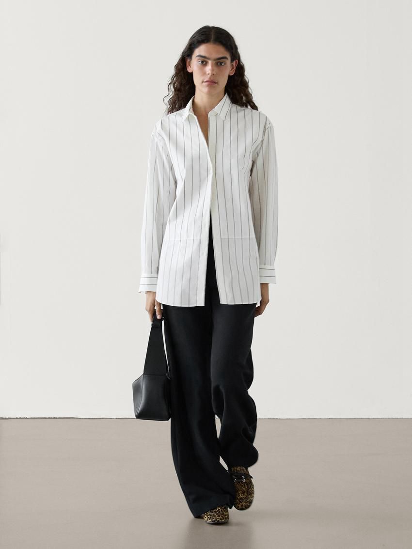 Massimo Dutti Cotton Blend Striped Oversize Women Blouse White | US-KS2906315