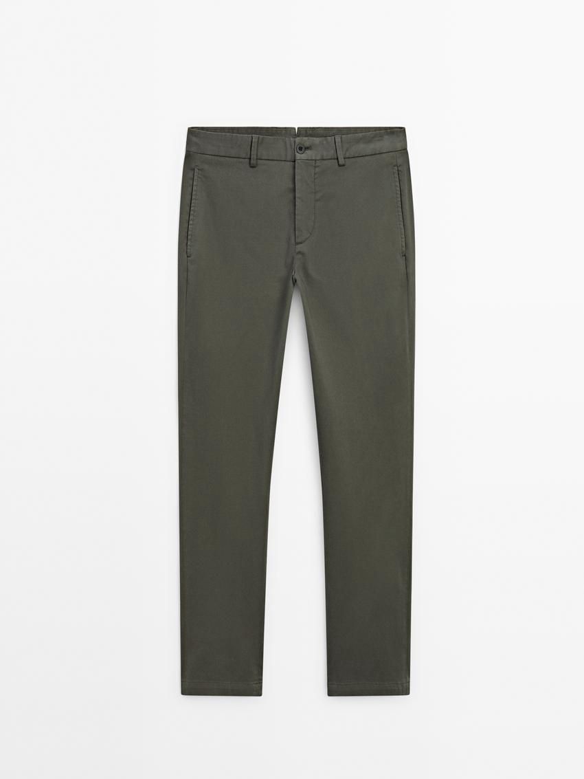 Massimo Dutti Cotton Blend Tapered Fit Men Trousers Dark Green | US-GO4813260
