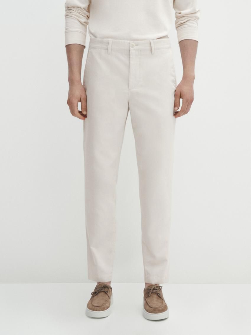 Massimo Dutti Cotton Blend Tapered Fit Men Trousers Beige | US-RO7194583