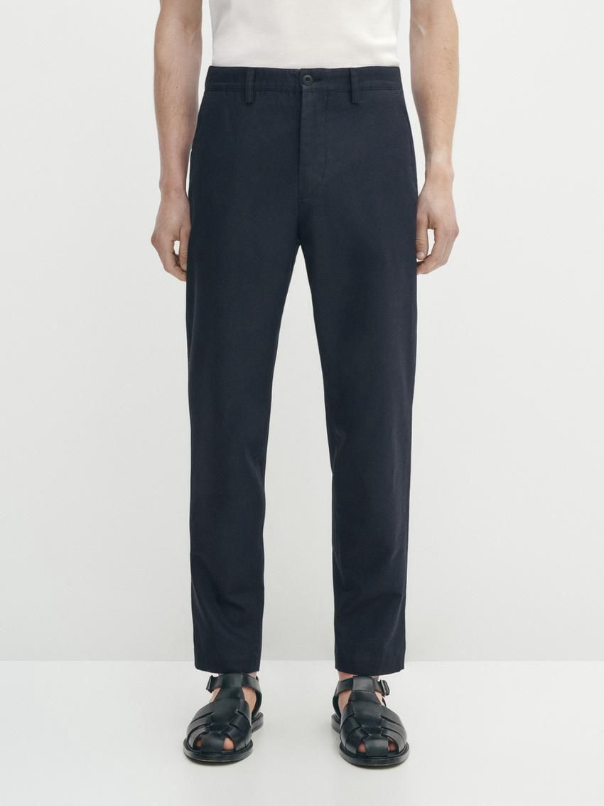 Massimo Dutti Cotton Blend Tapered Fit Men Trousers Navy | US-KI4930268