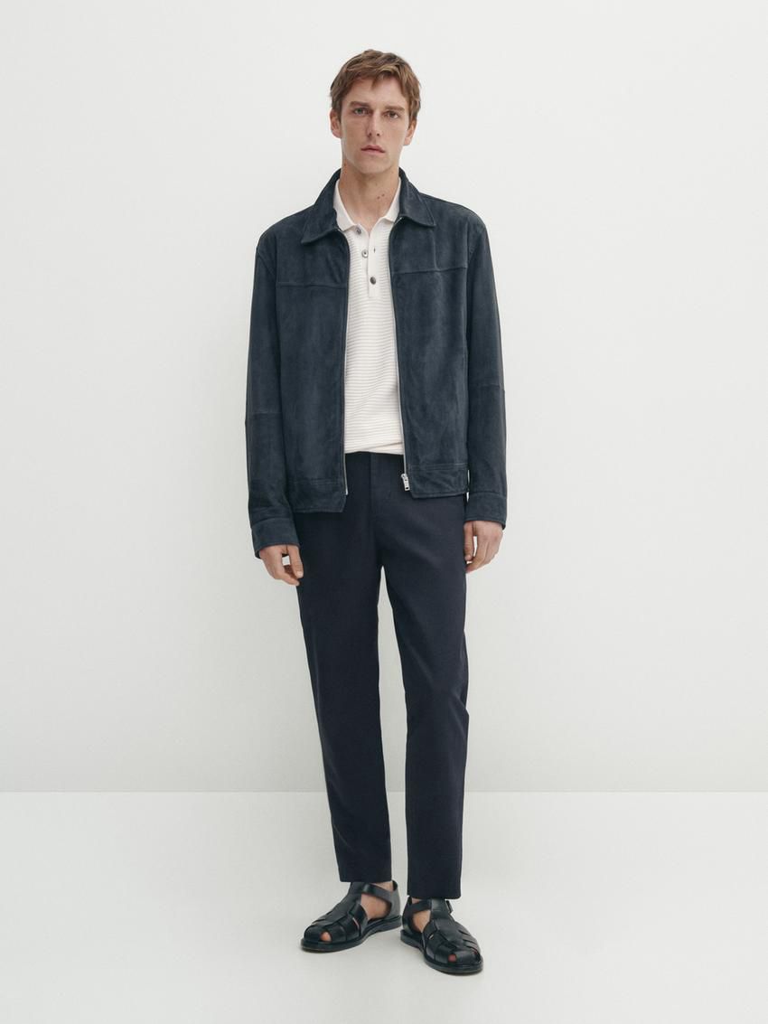 Massimo Dutti Cotton Blend Tapered Fit Men Trousers Navy | US-KI4930268