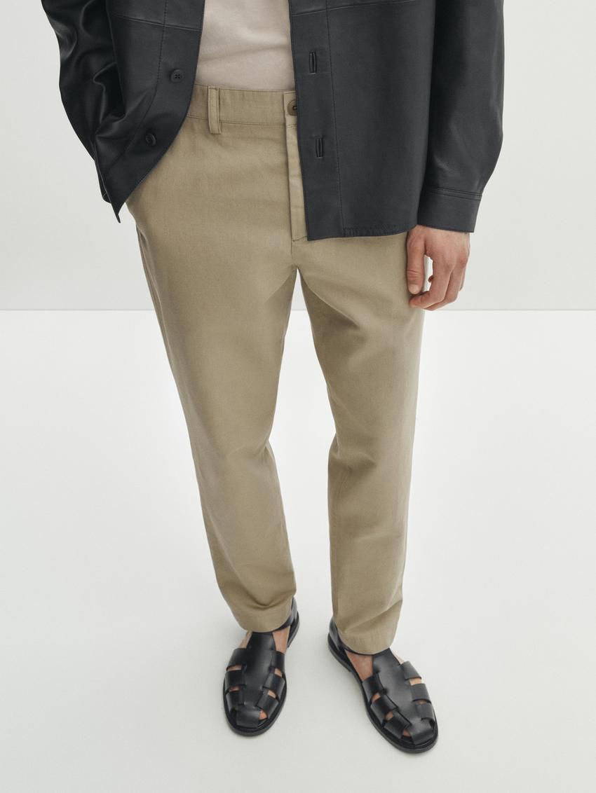Massimo Dutti Cotton Blend Tapered Fit Men Trousers Khaki | US-QZ7452819