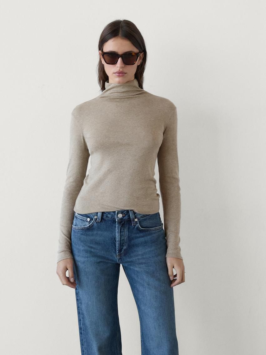 Massimo Dutti Cotton Blend Turtleneck Women T-Shirt Khaki | US-XP7503841