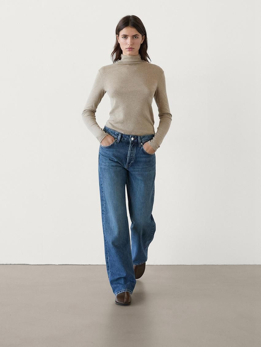 Massimo Dutti Cotton Blend Turtleneck Women T-Shirt Khaki | US-XP7503841