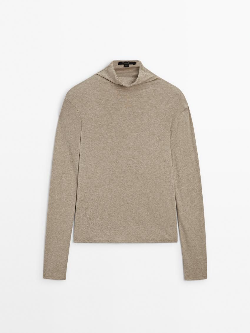 Massimo Dutti Cotton Blend Turtleneck Women T-Shirt Khaki | US-XP7503841