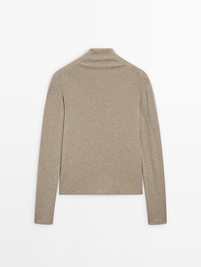 Massimo Dutti Cotton Blend Turtleneck Women T-Shirt Khaki | US-XP7503841