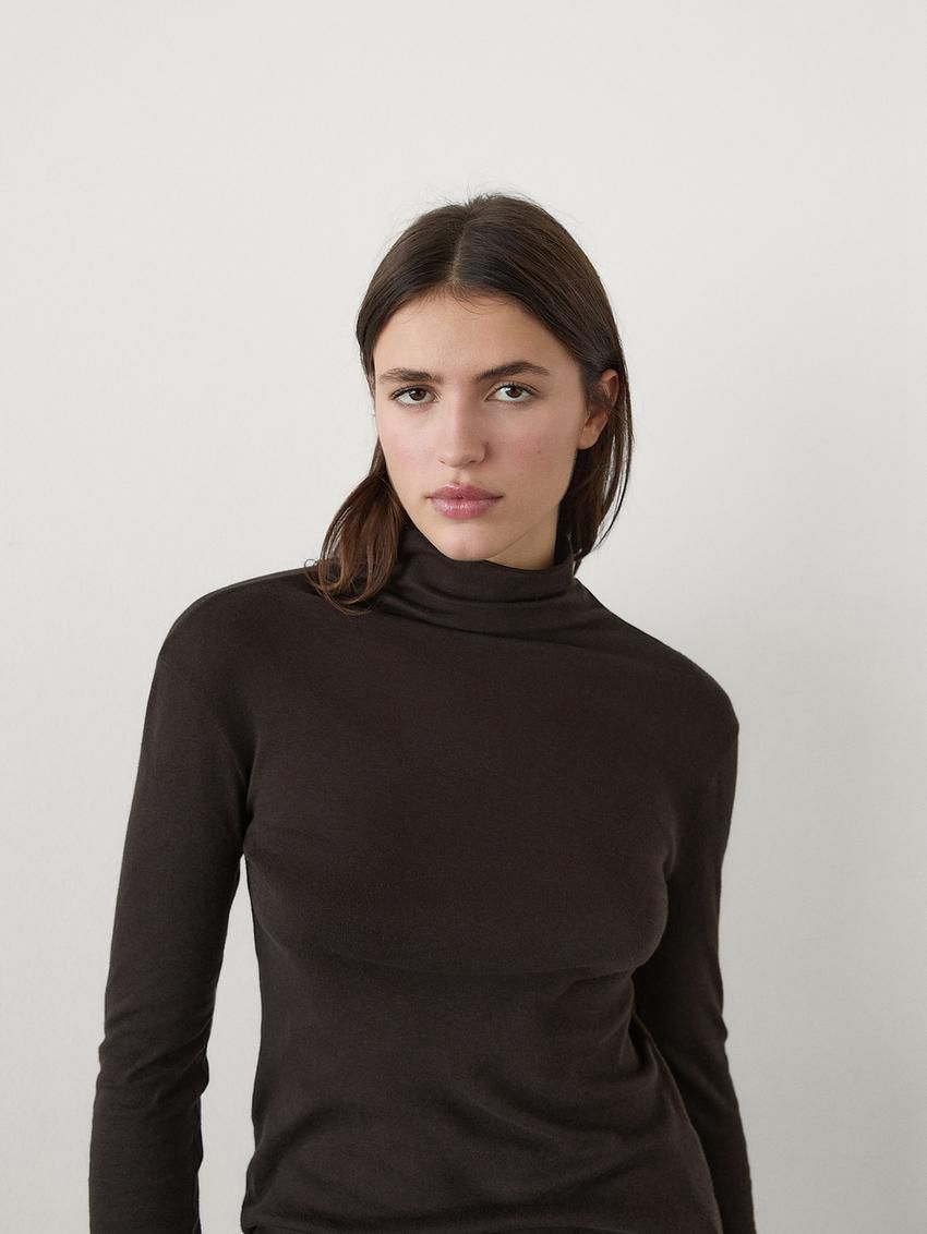 Massimo Dutti Cotton Blend Turtleneck Women T-Shirt Dark Brown | US-KB6824305