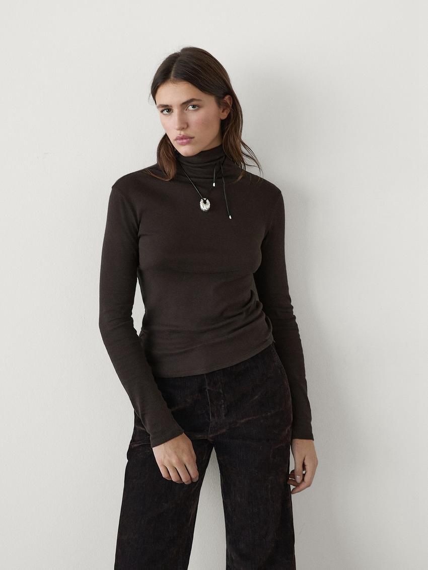 Massimo Dutti Cotton Blend Turtleneck Women T-Shirt Dark Brown | US-KB6824305