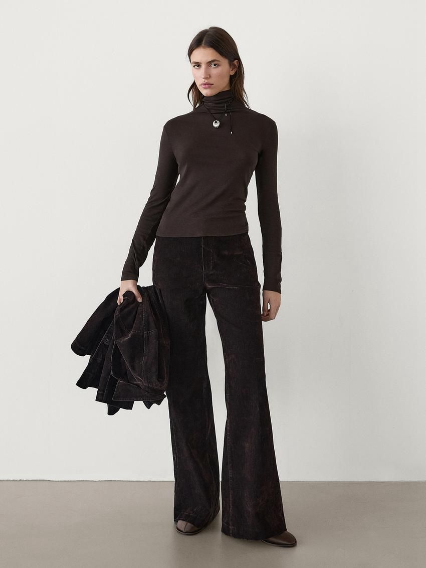 Massimo Dutti Cotton Blend Turtleneck Women T-Shirt Dark Brown | US-KB6824305