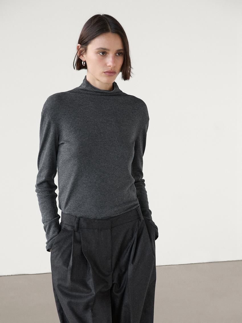 Massimo Dutti Cotton Blend Turtleneck Women T-Shirt Dark Grey | US-GL9671542