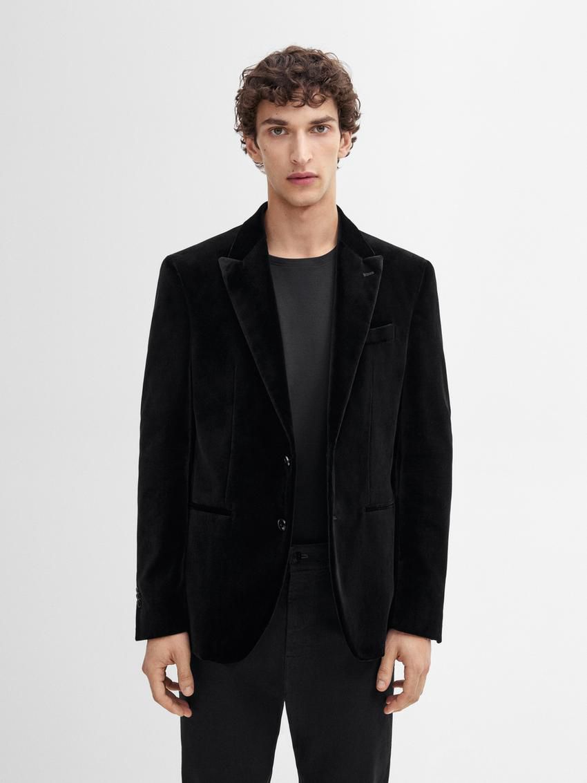 Massimo Dutti Cotton Blend Velvet Men Blazer Black | US-CZ7259103