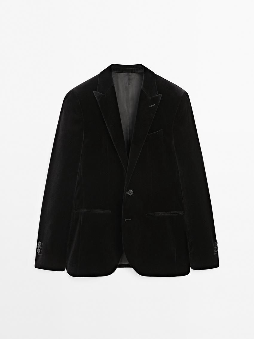 Massimo Dutti Cotton Blend Velvet Men Blazer Black | US-CZ7259103