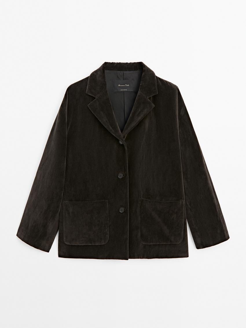 Massimo Dutti Cotton Blend Velvet Women Blazer Chocolate | US-SN5031498