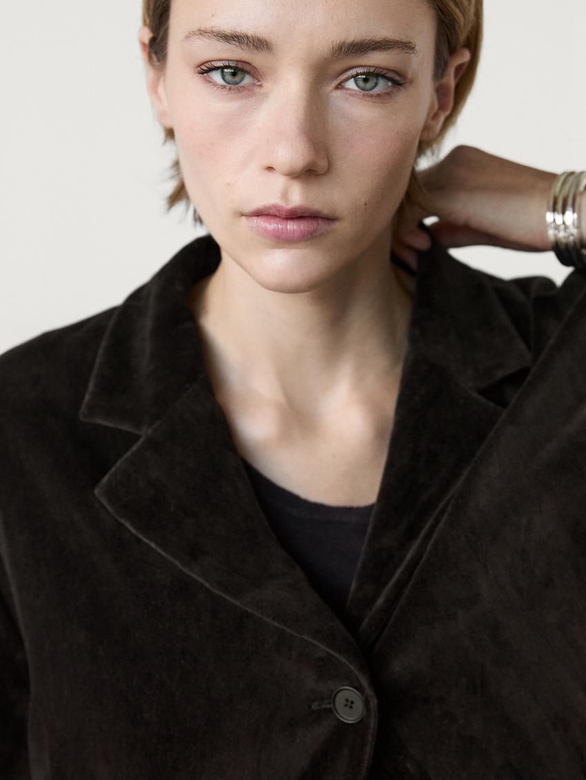 Massimo Dutti Cotton Blend Velvet Women Blazer Chocolate | US-SN5031498