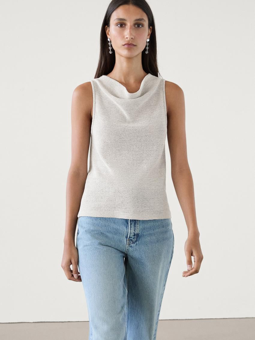 Massimo Dutti Cotton Blend With Cowl Neckline Women Top Light Grey | US-YS7804961