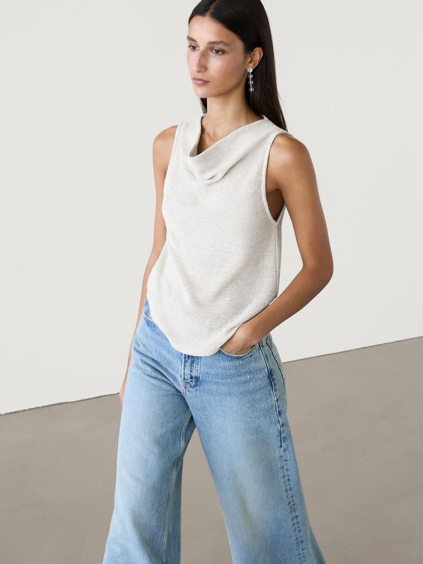 Massimo Dutti Cotton Blend With Cowl Neckline Women Top Light Grey | US-YS7804961