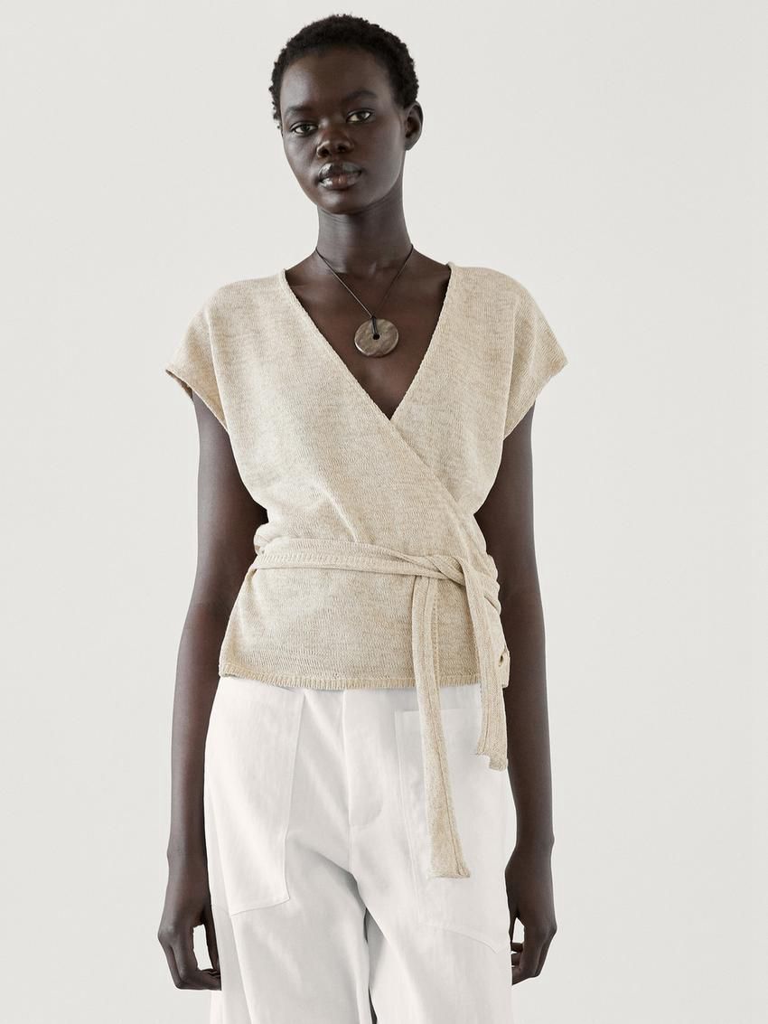 Massimo Dutti Cotton Blend With Lace Belt Women Top Cream | US-TU3150962
