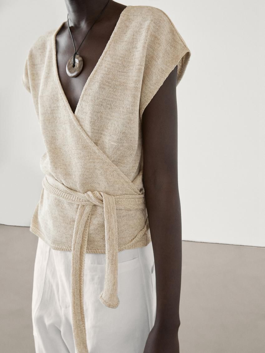 Massimo Dutti Cotton Blend With Lace Belt Women Top Cream | US-TU3150962