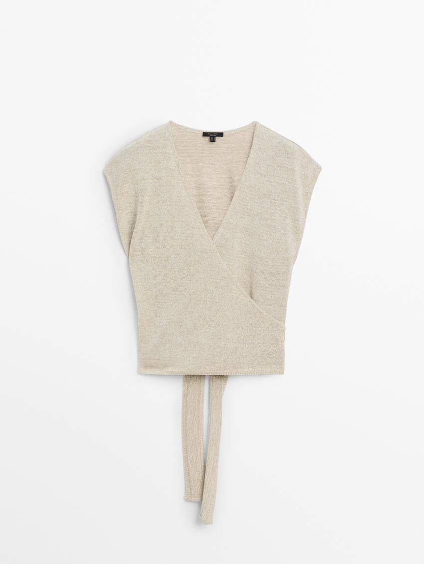 Massimo Dutti Cotton Blend With Lace Belt Women Top Cream | US-TU3150962