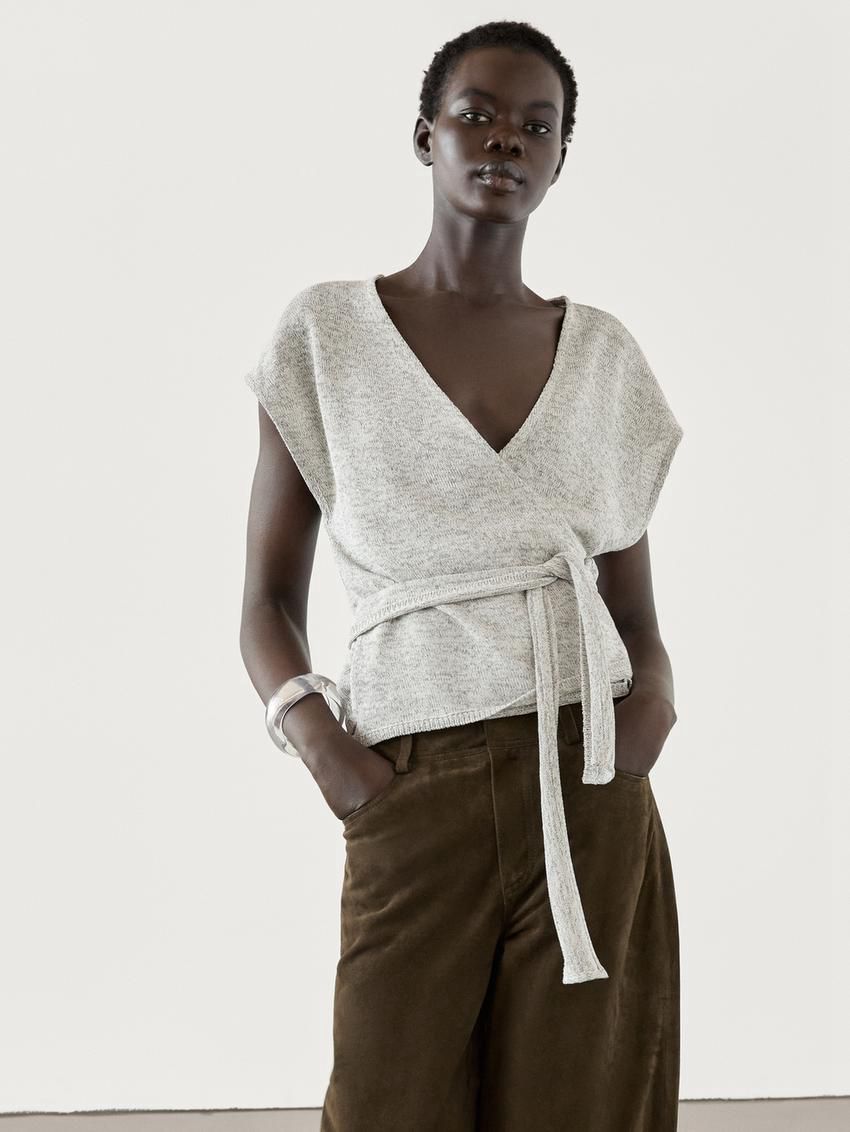 Massimo Dutti Cotton Blend With Lace Belt Women Top Grey | US-MV6087491