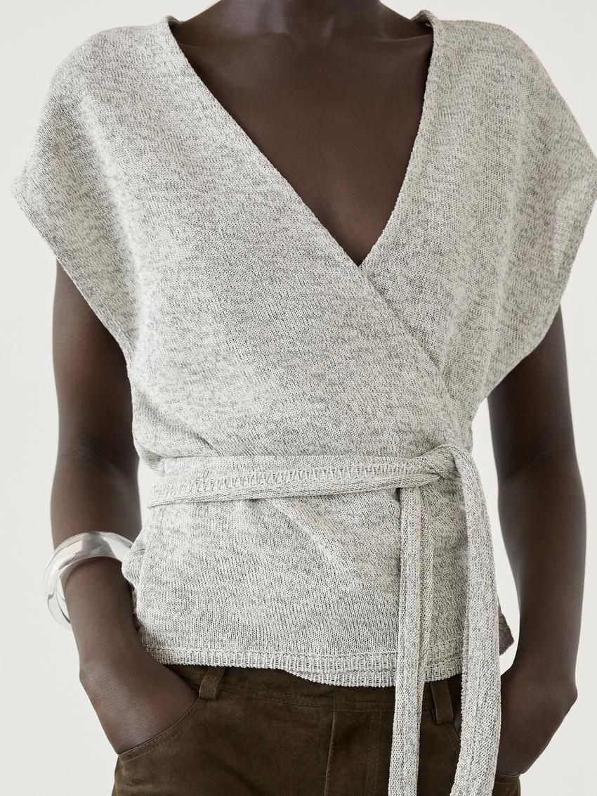 Massimo Dutti Cotton Blend With Lace Belt Women Top Grey | US-MV6087491