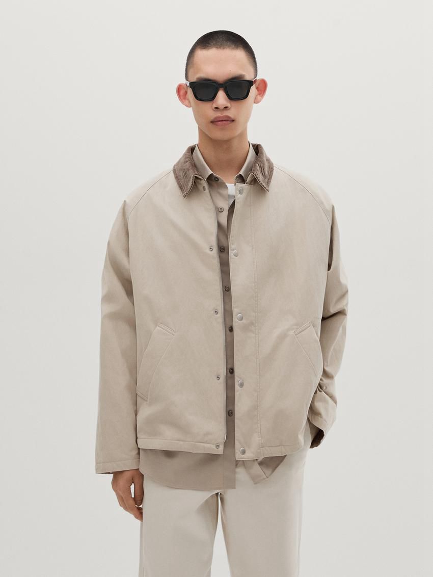 Massimo Dutti Cotton Blend With Snap Buttons Men Bomber Jacket Cream | US-DB6310854