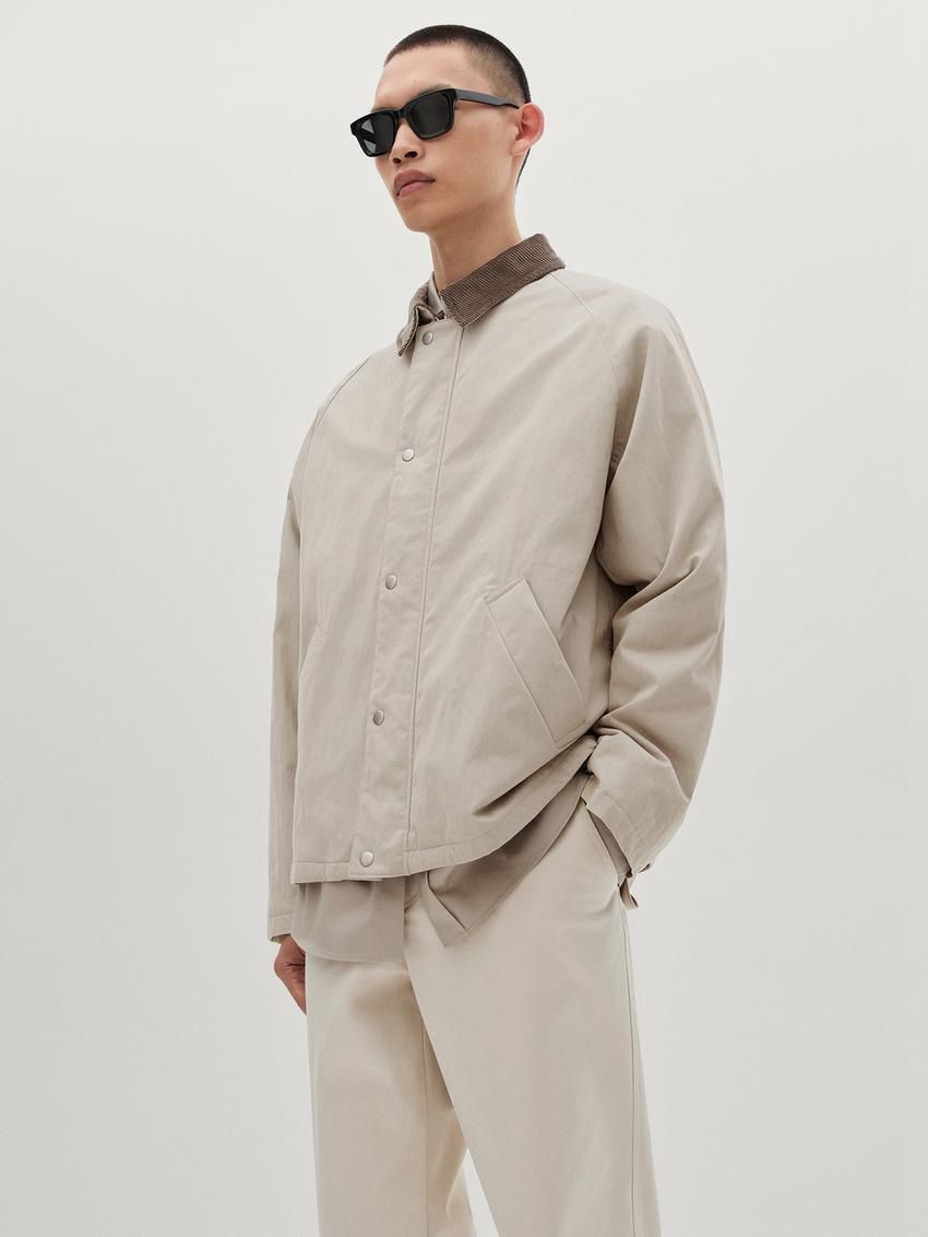 Massimo Dutti Cotton Blend With Snap Buttons Men Bomber Jacket Cream | US-DB6310854