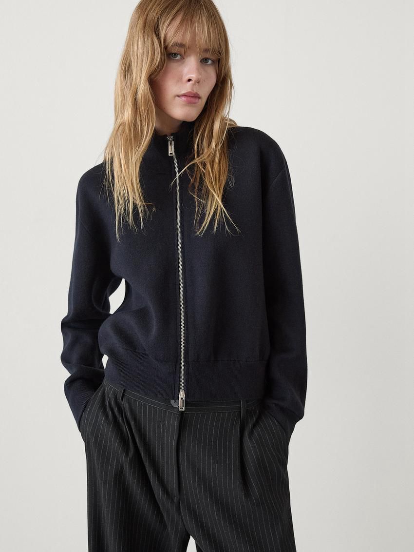 Massimo Dutti Cotton Blend Zip-up Women Jacket Navy | US-CG2135608