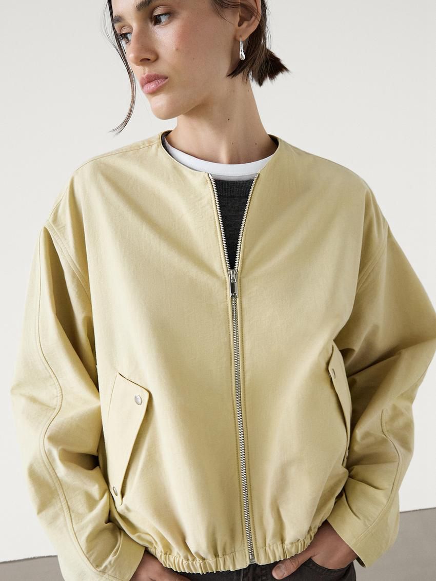 Massimo Dutti Cotton Blendwith Snap-button Pockets Women Bomber Jacket Yellow | US-FX7032496