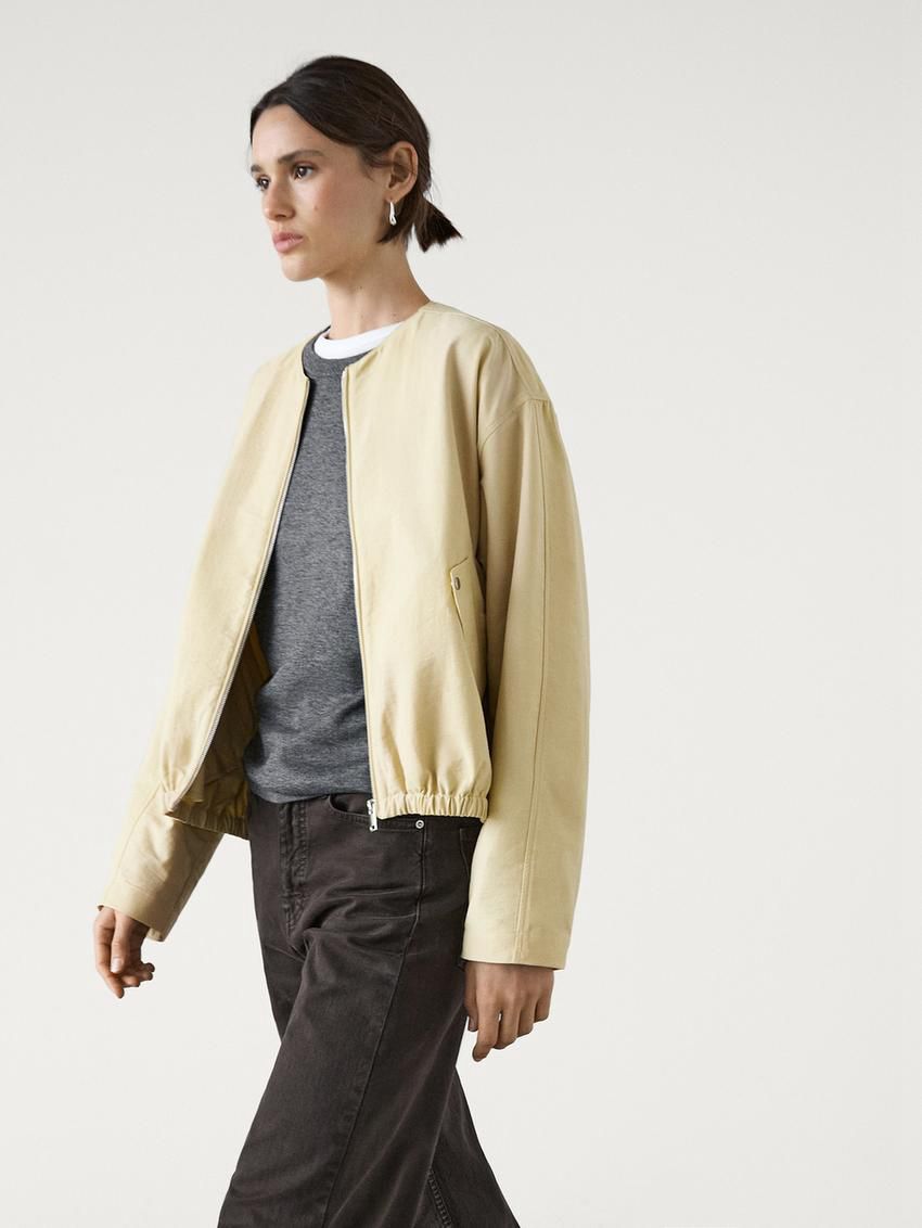 Massimo Dutti Cotton Blendwith Snap-button Pockets Women Bomber Jacket Yellow | US-FX7032496