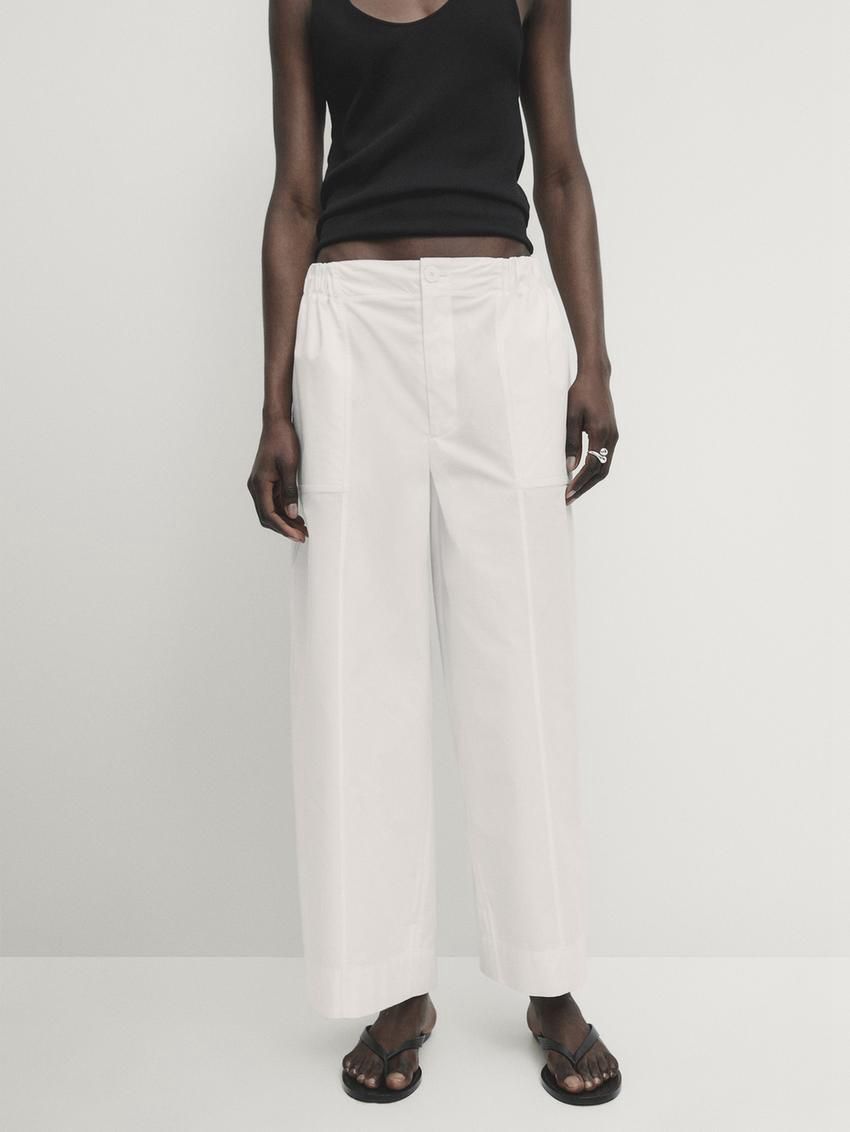 Massimo Dutti Cotton Carpenter With Elasticated Detail Women Trousers White | US-JF6749015
