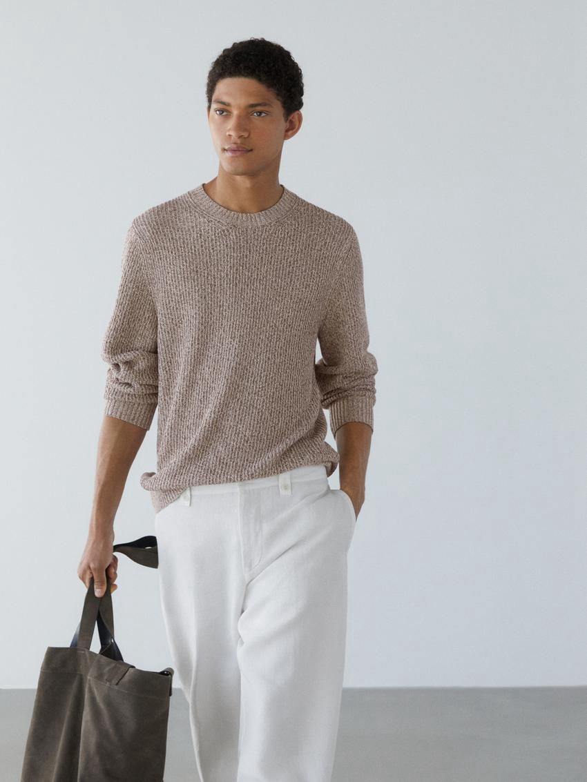 Massimo Dutti Cotton Crew Neck Men Sweater Beige | US-RJ0317482