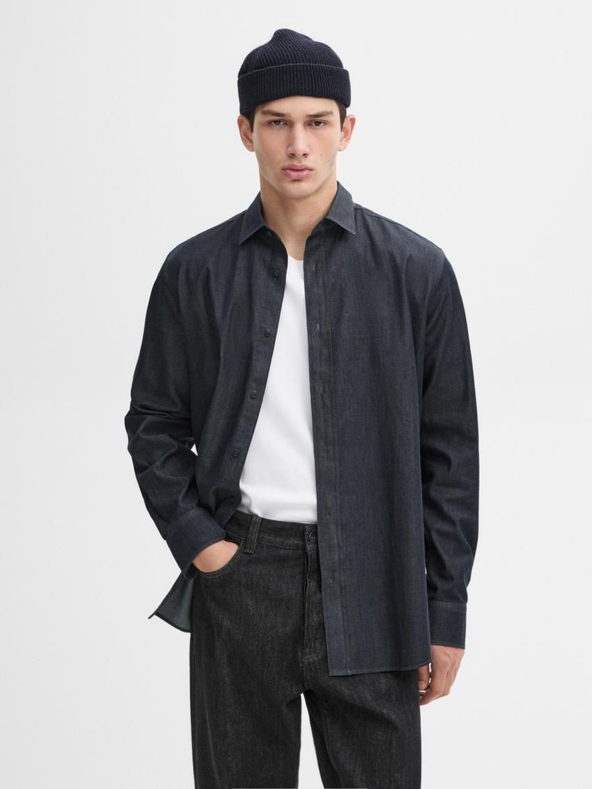 Massimo Dutti Cotton Denim Men Shirts Navy | US-RF8025497