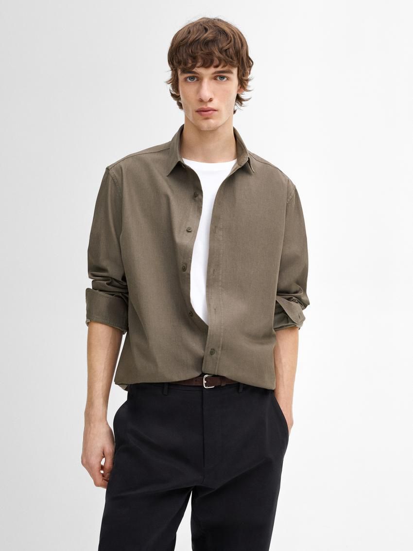 Massimo Dutti Cotton Denim Men Shirts Olive | US-LD0762415