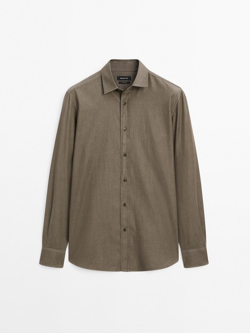Massimo Dutti Cotton Denim Men Shirts Olive | US-LD0762415