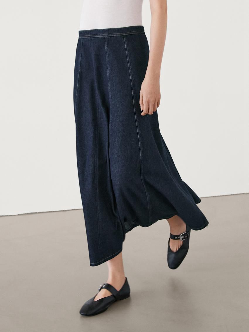 Massimo Dutti Cotton Denim Midi Women Skirts Dark Blue | US-GN5629731