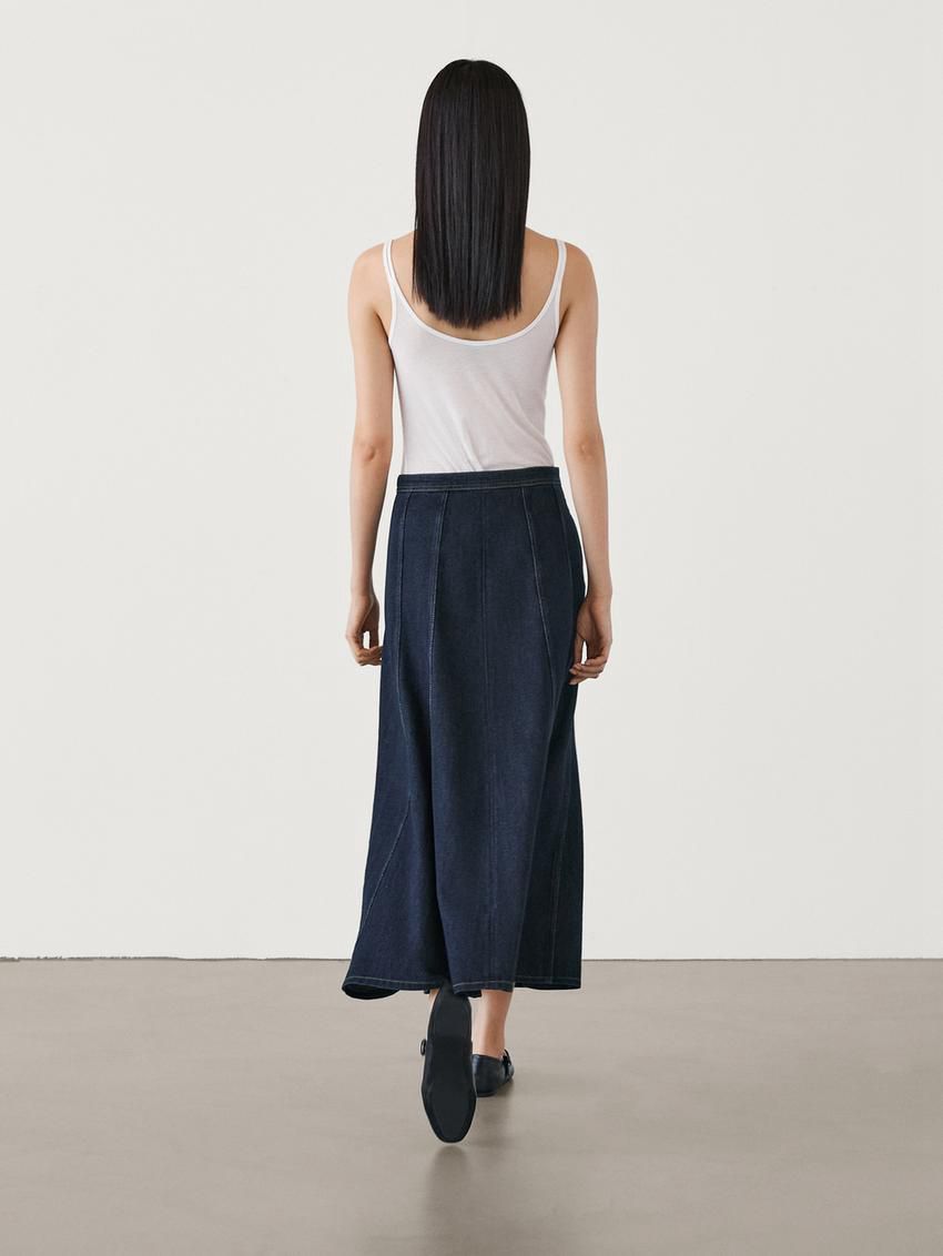 Massimo Dutti Cotton Denim Midi Women Skirts Dark Blue | US-GN5629731