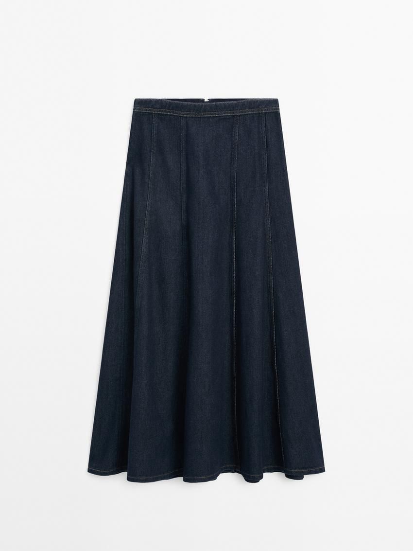 Massimo Dutti Cotton Denim Midi Women Skirts Dark Blue | US-GN5629731