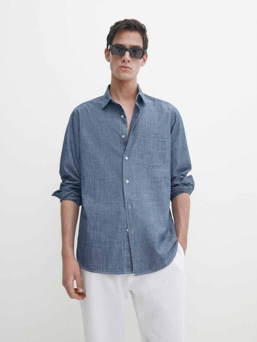 Massimo Dutti Cotton Denim With Contrast Topstitching Men Shirts Blue | US-JL6823971