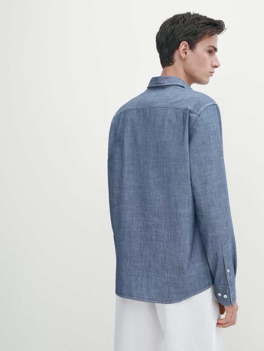 Massimo Dutti Cotton Denim With Contrast Topstitching Men Shirts Blue | US-JL6823971