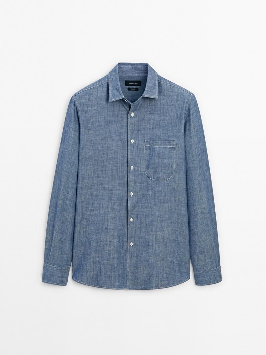 Massimo Dutti Cotton Denim With Contrast Topstitching Men Shirts Blue | US-JL6823971