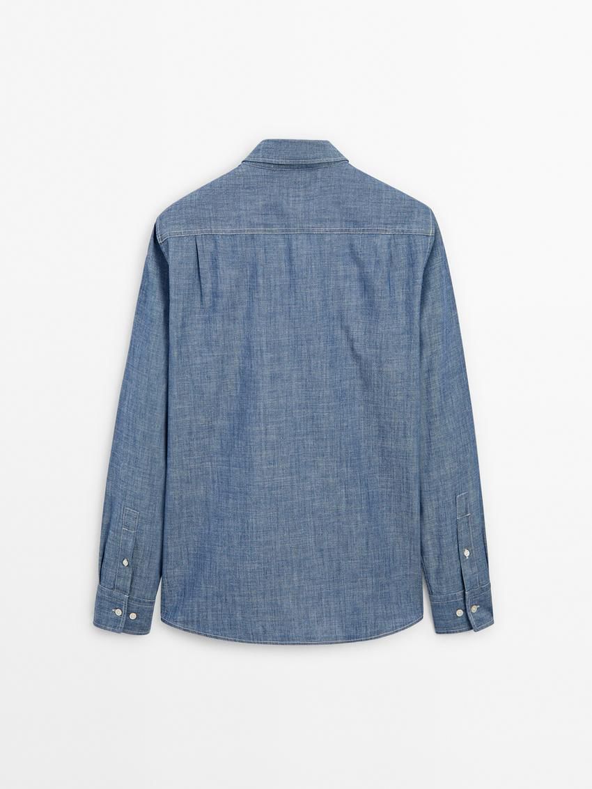 Massimo Dutti Cotton Denim With Contrast Topstitching Men Shirts Blue | US-JL6823971
