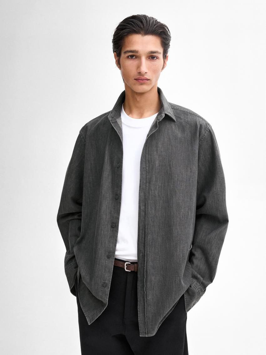 Massimo Dutti Cotton Denim With Topstitching Men Shirts Dark Grey | US-OE8532906