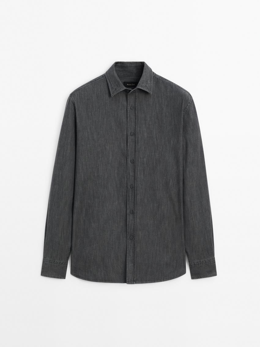 Massimo Dutti Cotton Denim With Topstitching Men Shirts Dark Grey | US-OE8532906