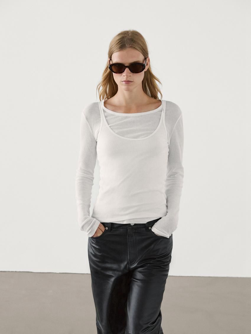 Massimo Dutti Cotton Double-layer Women T-Shirt Cream | US-MX8593164