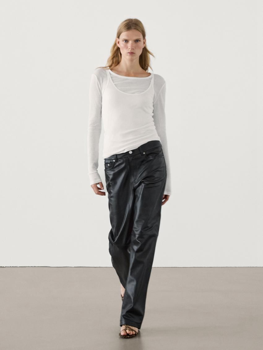 Massimo Dutti Cotton Double-layer Women T-Shirt Cream | US-MX8593164