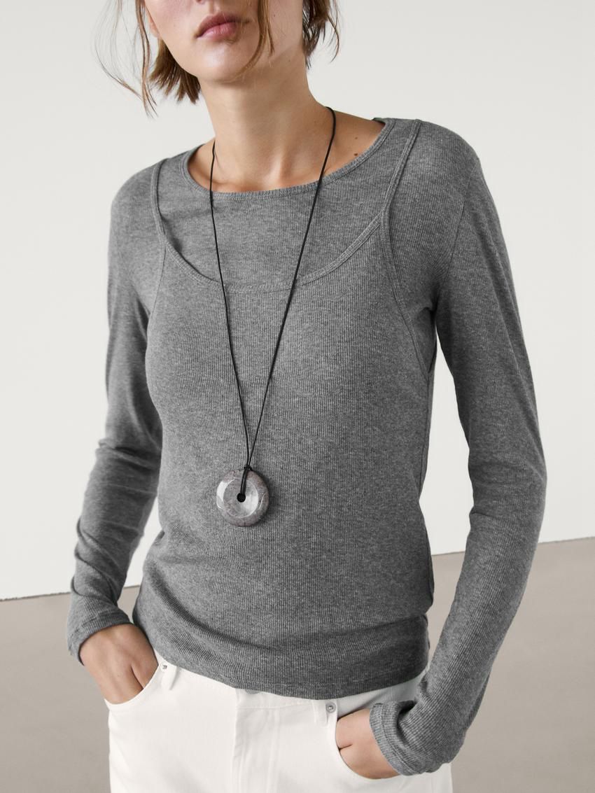 Massimo Dutti Cotton Double-layer Women T-Shirt Grey | US-UL4250913