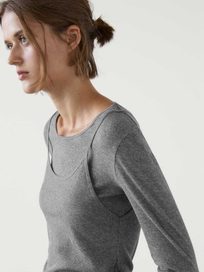 Massimo Dutti Cotton Double-layer Women T-Shirt Grey | US-UL4250913