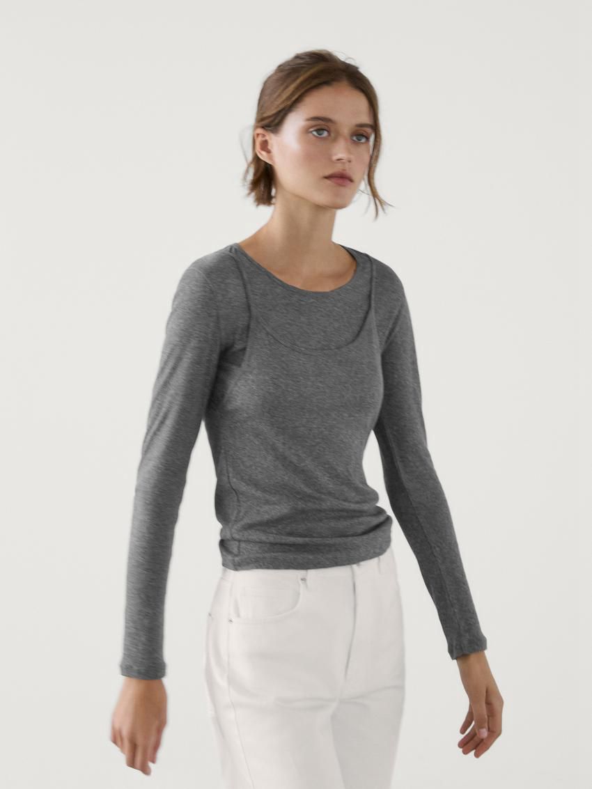 Massimo Dutti Cotton Double-layer Women T-Shirt Grey | US-UL4250913
